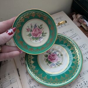 Aynsley Green and Gold Floral Teacup Set